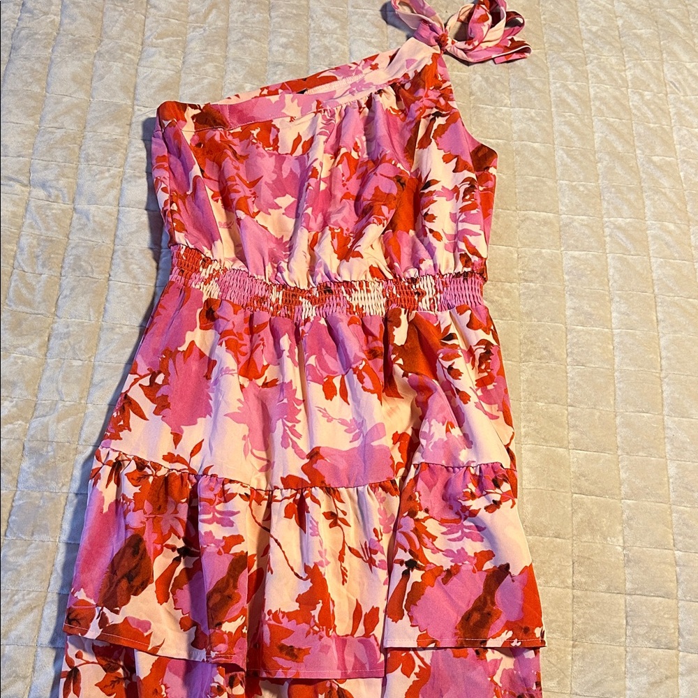 Elegant Pink and Red Floral One-Shoulder Dress